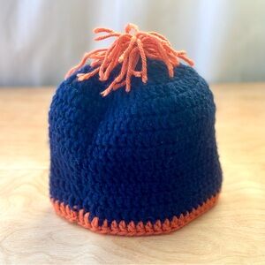 Handmade Navy & Orange Knit Beanie | Toddler/Youth | Pom Top